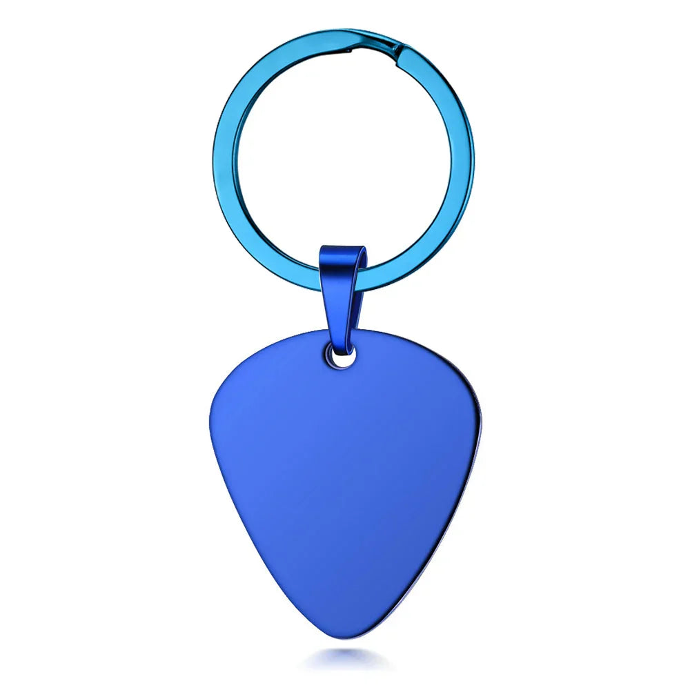 Blue metallic guitar pick keychain for electric bass guitar featuring durable metal for musical instrument accessories