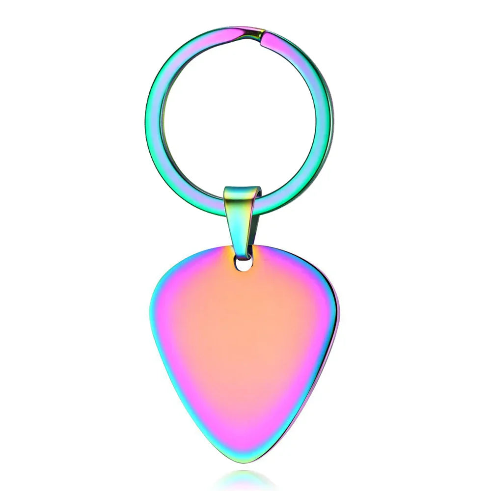 Iridescent stainless steel guitar pick keyring with rainbow finish for electric bass guitar musical instrument accessories