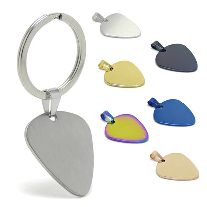 Silver polished metal guitar pick keyring with matching ring ideal for electric bass guitar musical instrument accessories