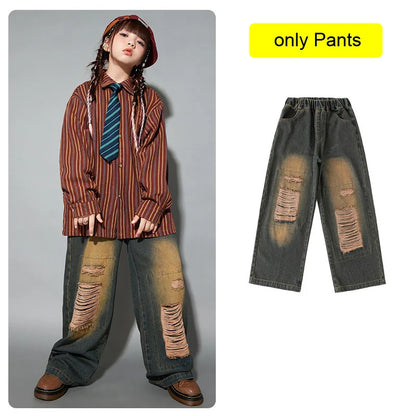 Dark-wash denim ripped jeans with relaxed fit for girls hip hop set cool street dance kids streetwear costume