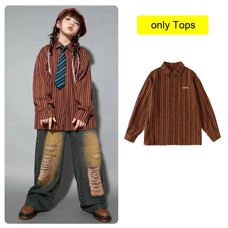 Brown and orange vertically striped long-sleeved button-up shirt for girls hip hop set cool streetwear costume
