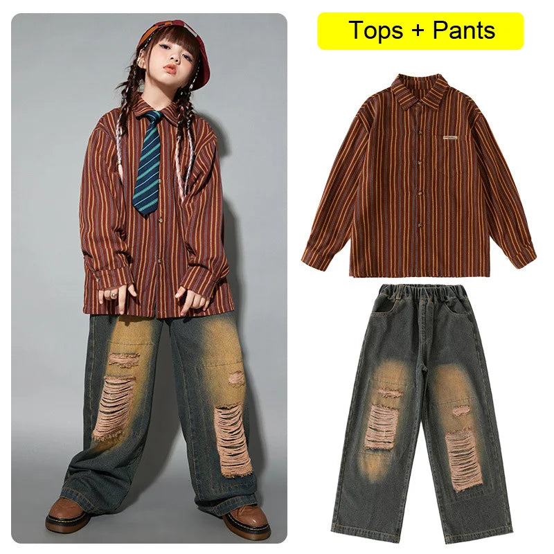 Brown and orange striped long-sleeve button-up shirt with collar in girls hip hop set cool for street dance kids