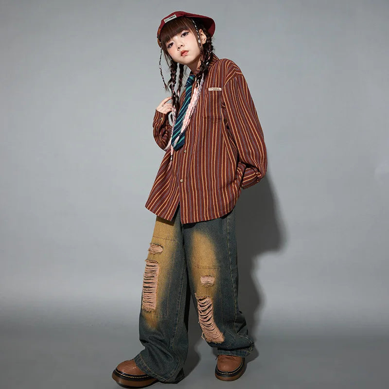 Brown and orange vertically striped long-sleeved button-up shirt for girls hip hop set cool streetwear costume