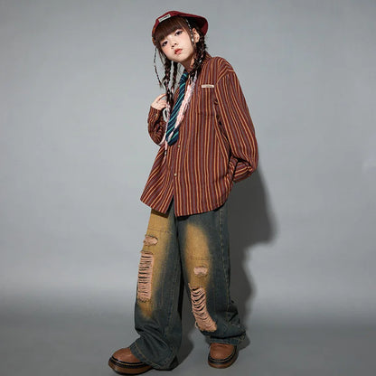 Brown and orange vertically striped long-sleeved button-up shirt for girls hip hop set cool streetwear costume