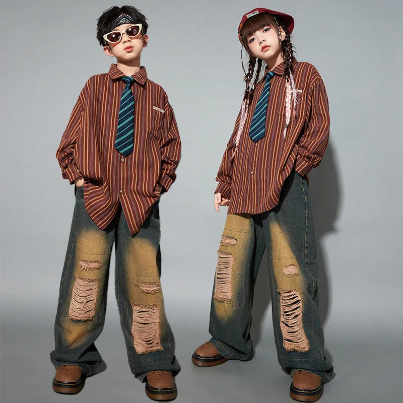 Brown and orange vertically striped long-sleeved button-up shirt with collar in girls hip hop set cool for street dance