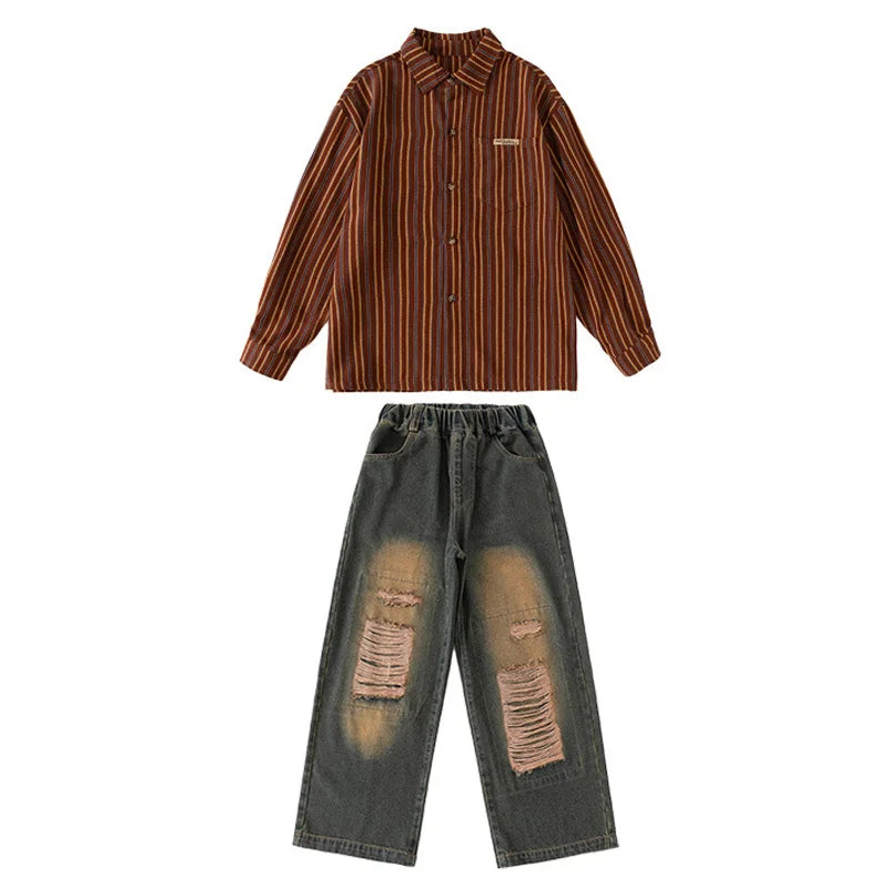 Brown and orange striped long-sleeved button-up shirt with chest patch in girls hip hop set cool streetwear for kids