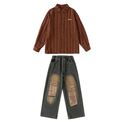 Brown and orange striped long-sleeved button-up shirt with chest patch in girls hip hop set cool streetwear for kids
