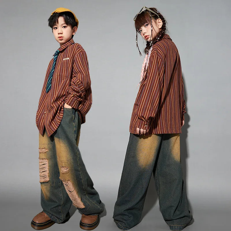 Brown and orange vertically striped long-sleeved button-up shirt for girls hip hop set cool streetwear costume