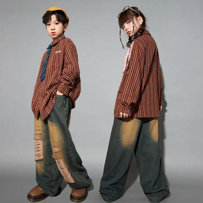 Brown and orange vertically striped long-sleeved button-up shirt for girls hip hop set cool streetwear costume