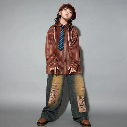 A brown and orange striped long-sleeved button-up shirt with collar for girls hip hop set cool streetwear