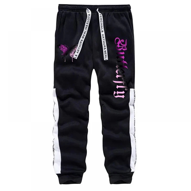 Black joggers with purple butterfly embroidery and white side stripes featuring letter print for girls urban fashion high grade y2k