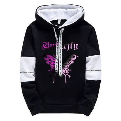 Black hoodie with white contrast sleeves and hood featuring a vibrant purple butterfly graphic in high grade y2k girls urban fashion letter print hoodie