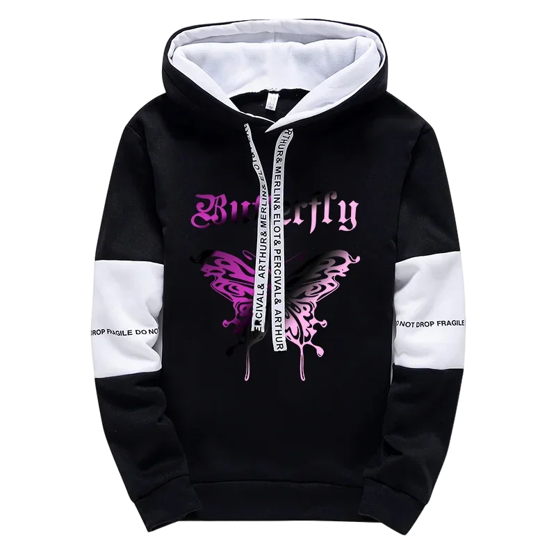 Black hoodie with white inner lining and sleeve accents featuring vibrant purple butterfly and matching drawstring in girls urban fashion high grade y2k letter print hoodie