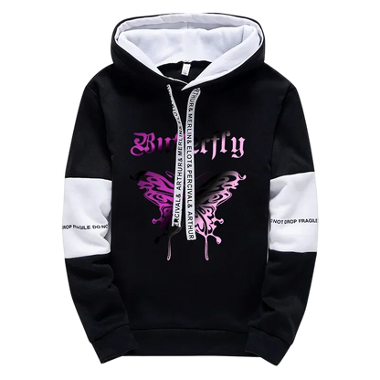 Black hoodie with white inner lining and sleeve accents featuring vibrant purple butterfly and matching drawstring in girls urban fashion high grade y2k letter print hoodie