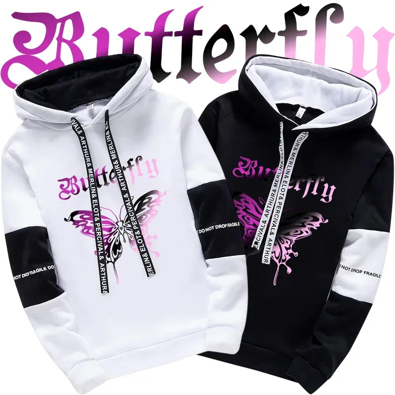 High grade y2k girls urban fashion letter print hoodie with white and black butterfly theme and pink graphic print