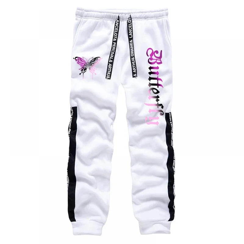 White sweatpants with black side stripes and butterfly print paired with girls urban fashion letter print hoodie high grade y2k style