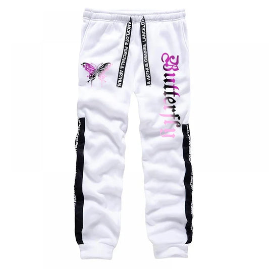 White sweatpants with black side stripes and butterfly print paired with girls urban fashion letter print hoodie high grade y2k style