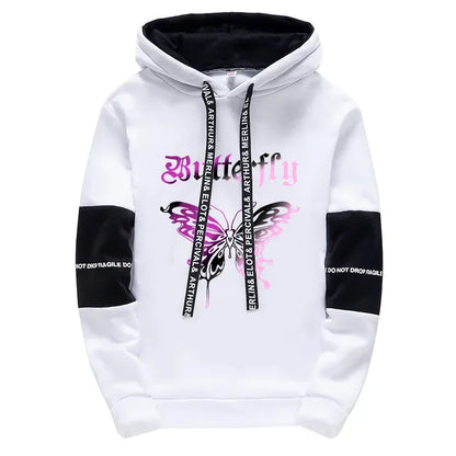White hoodie with black accents featuring a pink and purple butterfly and text on drawstrings high grade y2k girls urban fashion letter print hoodie