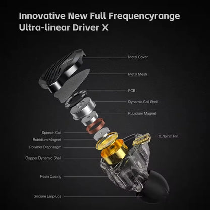 Clear resin-cased kunten dynamic drive in-ear monitor with gold driver and black silicone earplug for heavy bass earbuds gaming use