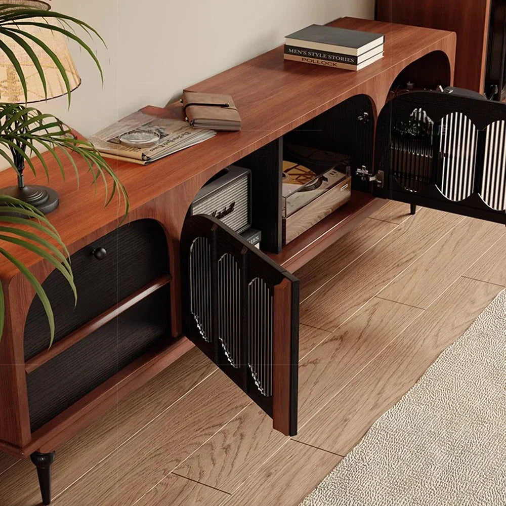 Dark wood mid century modern media console with black arched doors and luxury drawers meuble for vintage vertical wall use