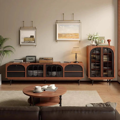 Mid century modern wooden media console with black arched glass doors and luxury drawers meuble side cabinet