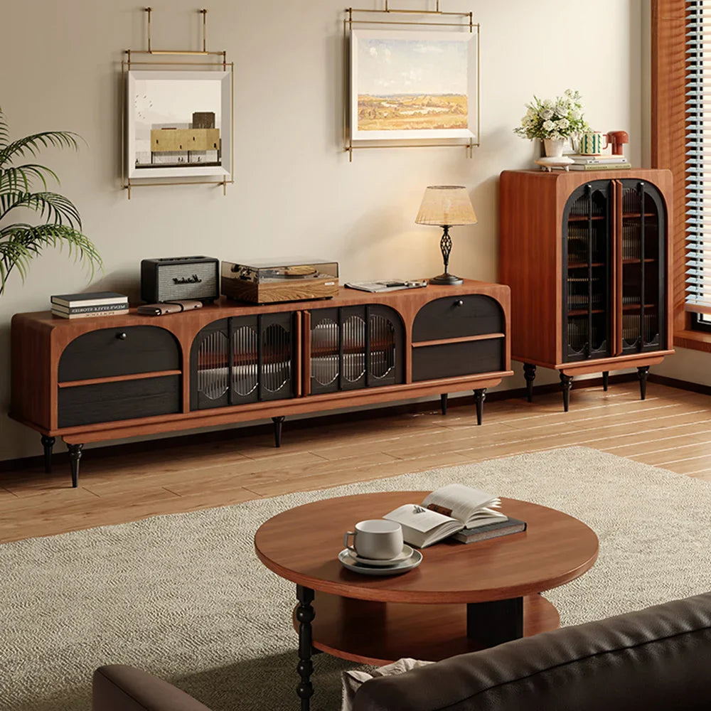 Mid century modern wooden media console with arched glass doors black accents and luxury drawers meuble for living room