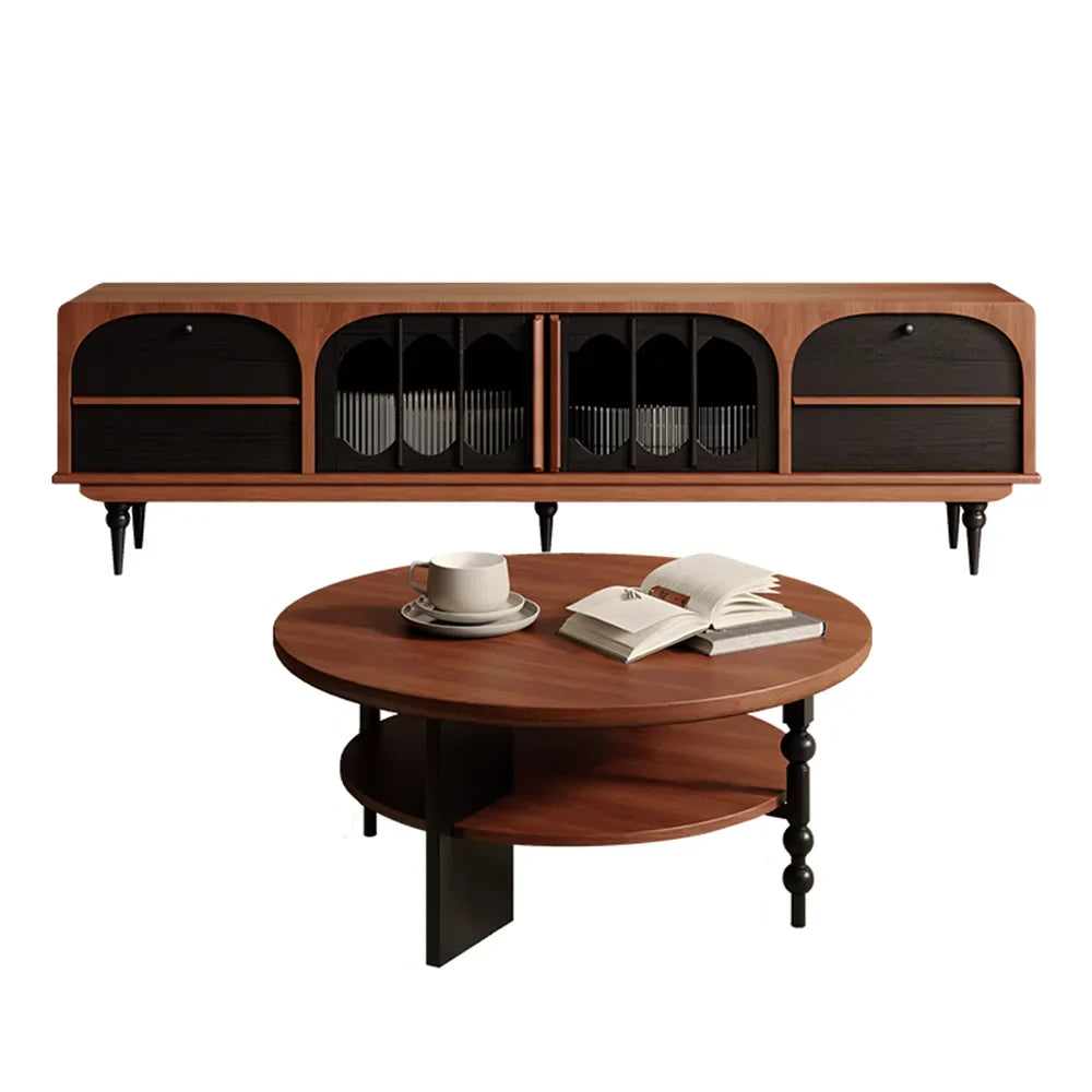 Modern wooden media console with black arched doors copper accents paired with round coffee table luxury drawers meuble mid century modern