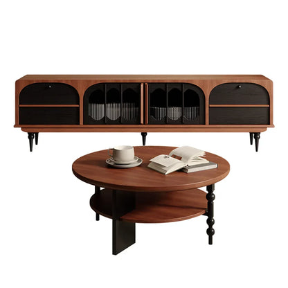 Modern wooden media console with black arched doors copper accents paired with round coffee table luxury drawers meuble mid century modern