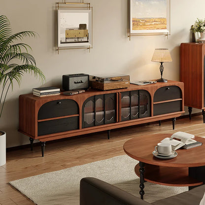 Mid century modern wooden media console with black arched glass doors brass hardware vintage vertical wall luxury drawers meuble