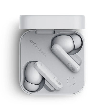 White cmf buds pro wireless earbuds with noise cancellation and dual drivers in a sleek minimalist charging case