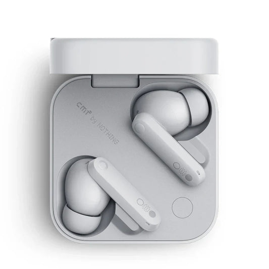 White cmf buds pro wireless earbuds with noise cancellation and dual drivers in a sleek minimalist charging case