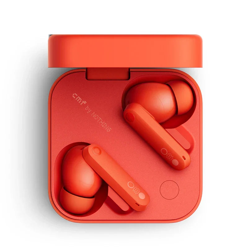 Vibrant orange cmf buds pro wireless earbuds with dual drivers and noise cancellation in a sleek matte charging case