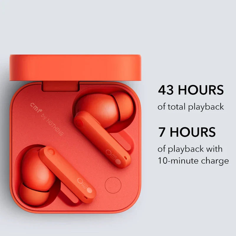 Vibrant orange cmf buds pro wireless earbuds with noise cancellation and dual drivers in matching charging case
