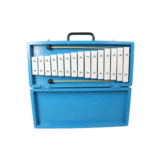 Blue portable glockenspiel xylophone with white keys black mallets in a sturdy case 15-key marching glockenspiel