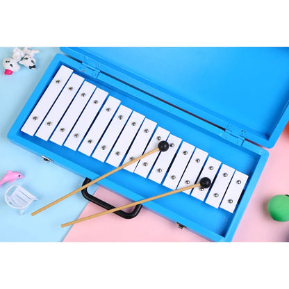 Blue glockenspiel xylophone with white keys and wooden mallets 15-key marching glockenspiel for percussion use