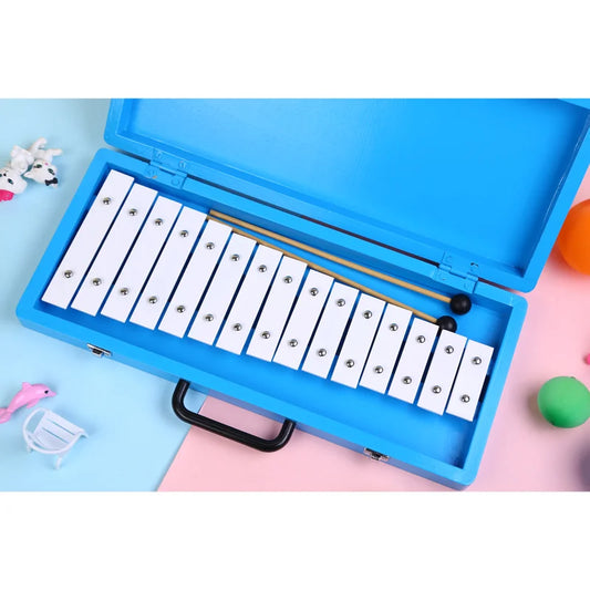 Blue wooden case containing a white metal glockenspiel xylophone with silver tuning pins and wooden mallet 15-key marching glockenspiel