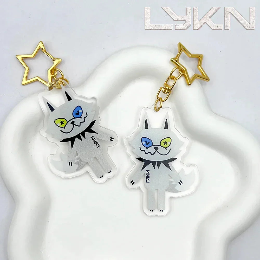 Clear acrylic lykyou lykn cosplay keychain with blue and yellow eyes black spiky collar and pendant alloy star clasp