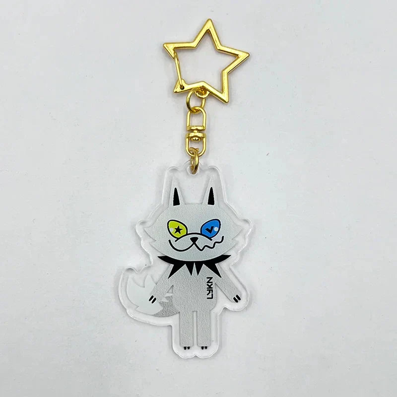 Clear acrylic cosplay keychain featuring a white cat with multicolor eyes and pendant alloy star for lykyou lykn fans