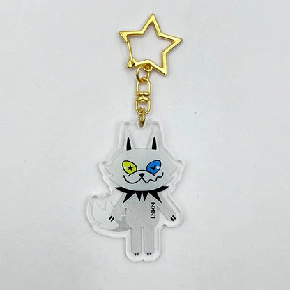 Clear acrylic cosplay keychain featuring a white cat with multicolor eyes and pendant alloy star for lykyou lykn fans