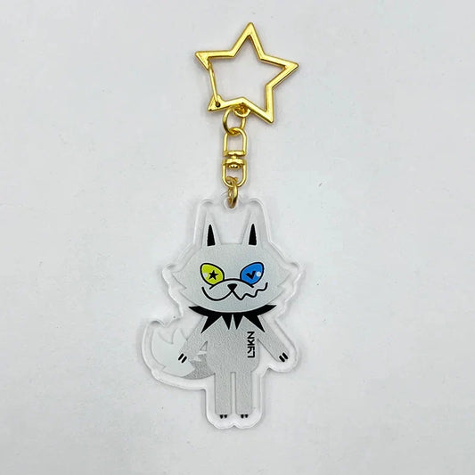 Clear acrylic cosplay keychain featuring a white cat with multicolor eyes and pendant alloy star for lykyou lykn fans