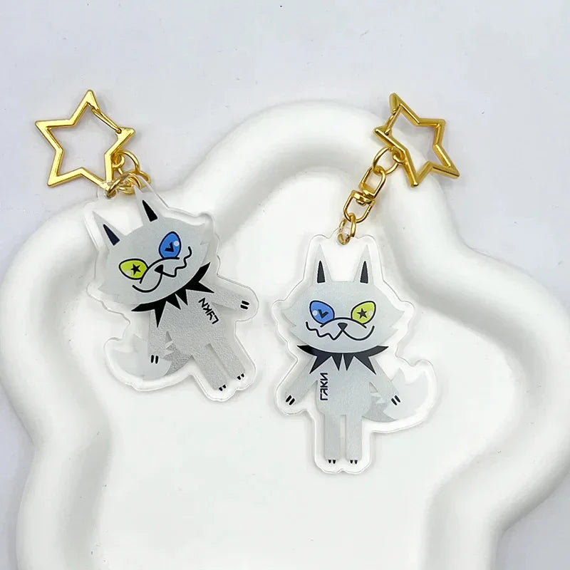 Clear acrylic lykyou lykn cosplay keychain with blue and yellow eyes black spiked collar and pendant alloy star hook