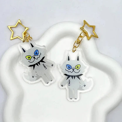 Clear acrylic lykyou lykn cosplay keychain with blue and yellow eyes black spiked collar and pendant alloy star hook