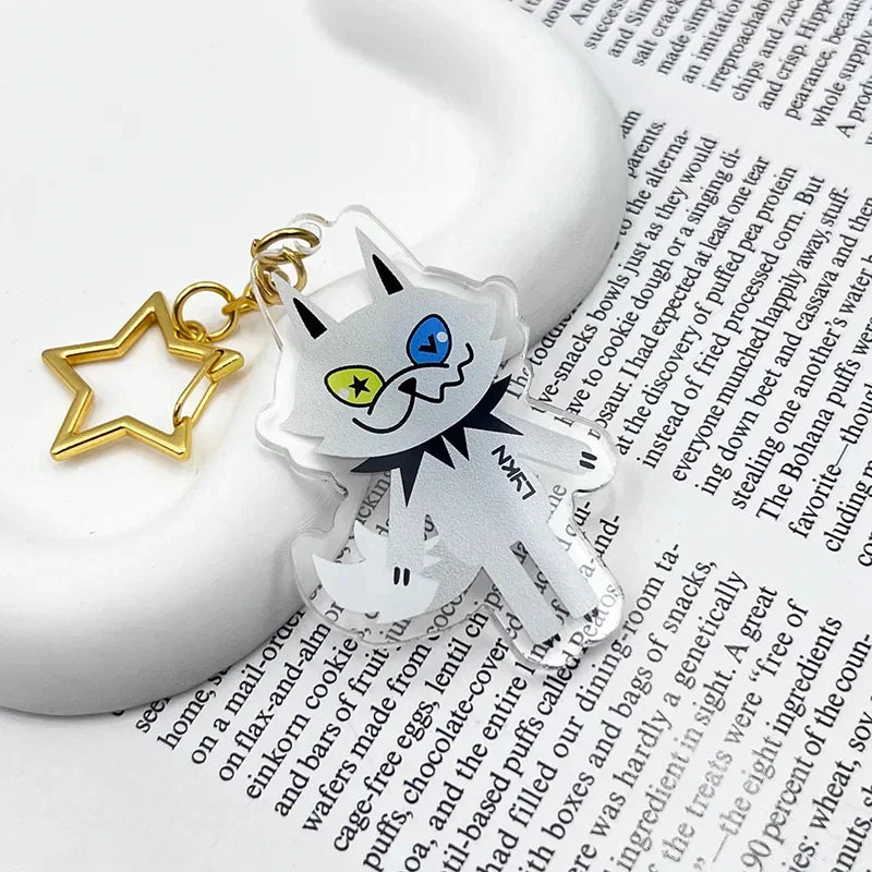 Clear acrylic lykyou lykn cosplay keychain with blue yellow eyes black whiskers and pendant alloy star charm