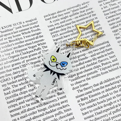 Gold star pendant alloy star keyring with white cat charm featuring yellow and blue eyes for lykyou lykn cosplay keychain acrylic fans gifts