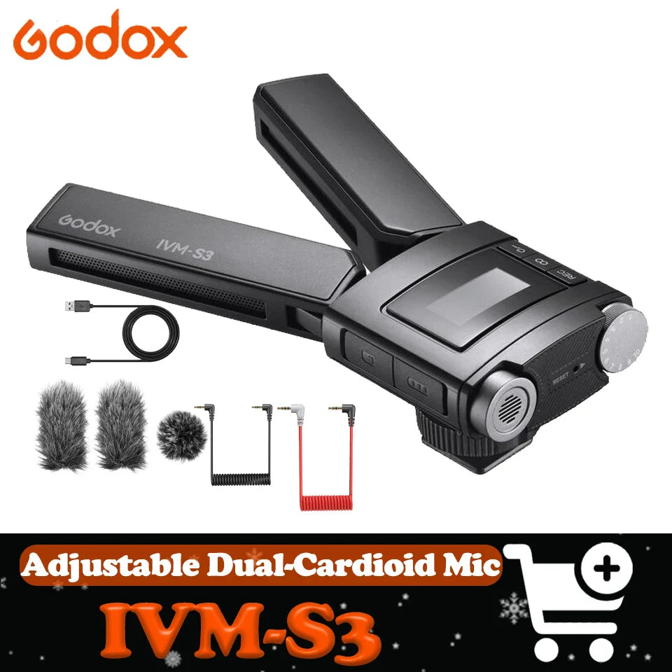 Black godox ivm-s3 stereo on-camera microphone cardioid with adjustable dual-cardioid design and accessories for creators interview recording