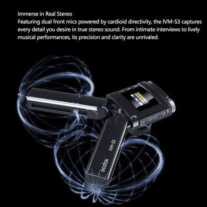 Black godox ivm-s3 stereo on-camera microphone cardioid with dual front mics and small screen for creators interview recording