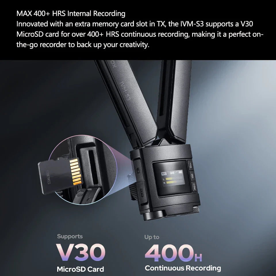 Black matte-finish godox ivm-s3 stereo on-camera microphone cardioid with digital display and memory card slot for creators interview recording
