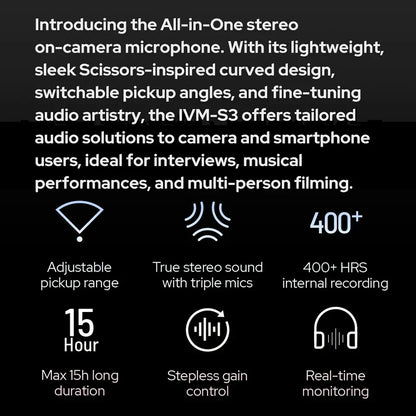 Godox ivm-s3 stereo on-camera microphone cardioid featuring a lightweight curved design with triple mics for creators interview recording