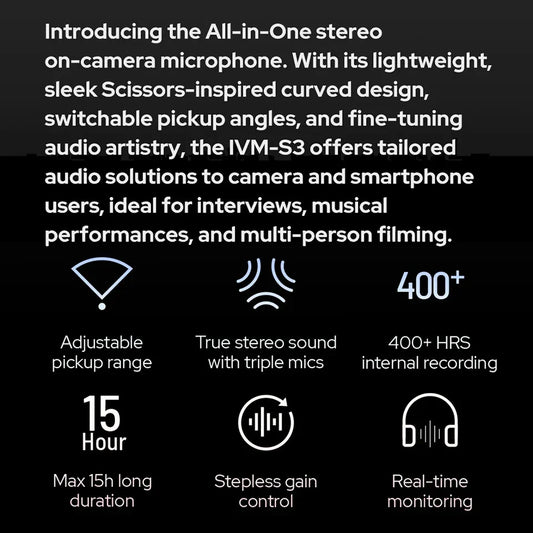 Godox ivm-s3 stereo on-camera microphone cardioid with triple mics and curved design for content creators interview recording