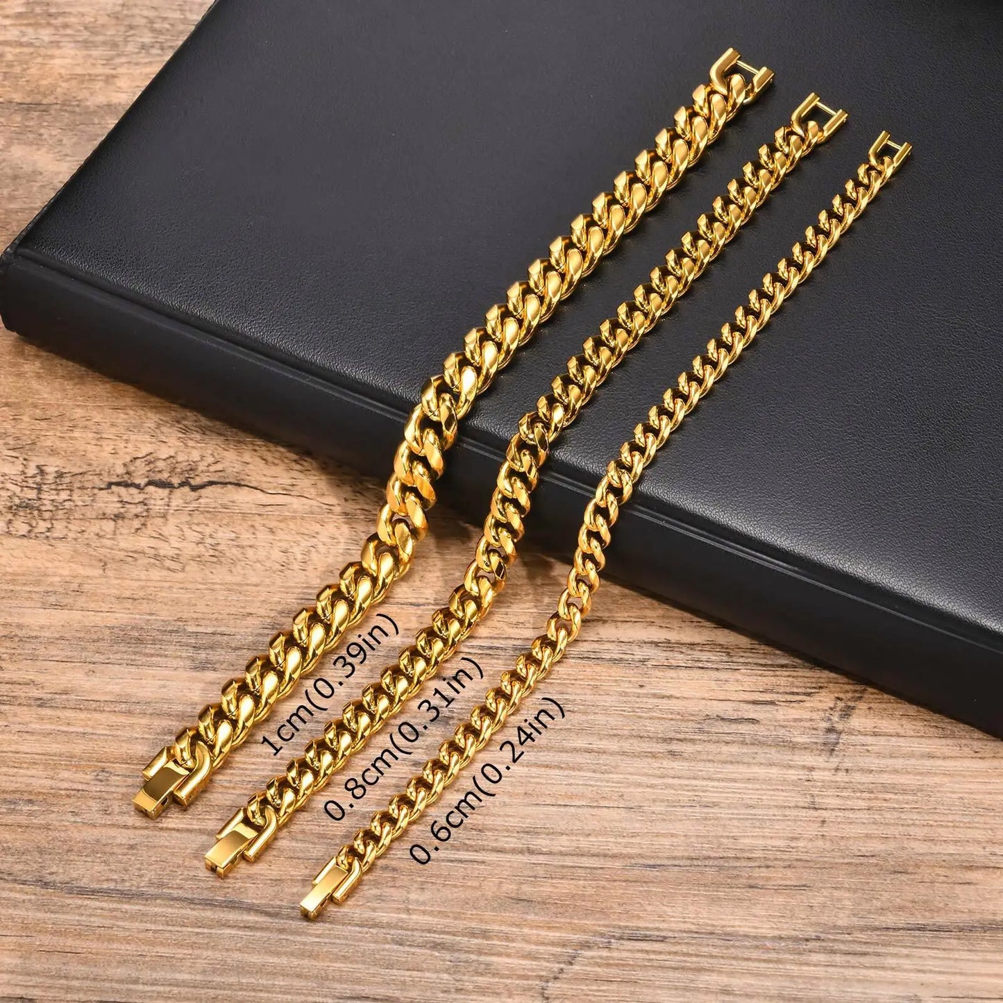 Three gold color cuban chain bracelets in varying widths made of stainless steel for hip hop male jewelry gift